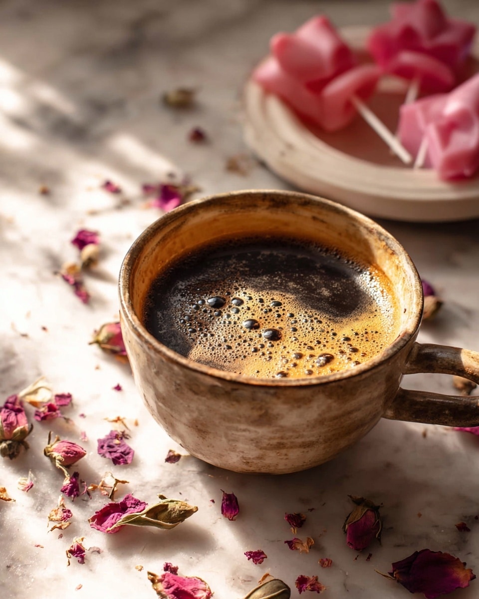 A close-up shot of a rustic, light brown cup filled with dark coffee topped with a bubbling light brown foam layer, sitting on a white marbled surface. Scattered dried pink and purple rose petals are spread around the cup. In the background, there is a white dish holding pink and red lollipops shaped like bows, slightly out of focus. The warm light casts soft shadows and highlights the texture of the cup and coffee surface photo taken with an iphone --ar 4:5 --v 7