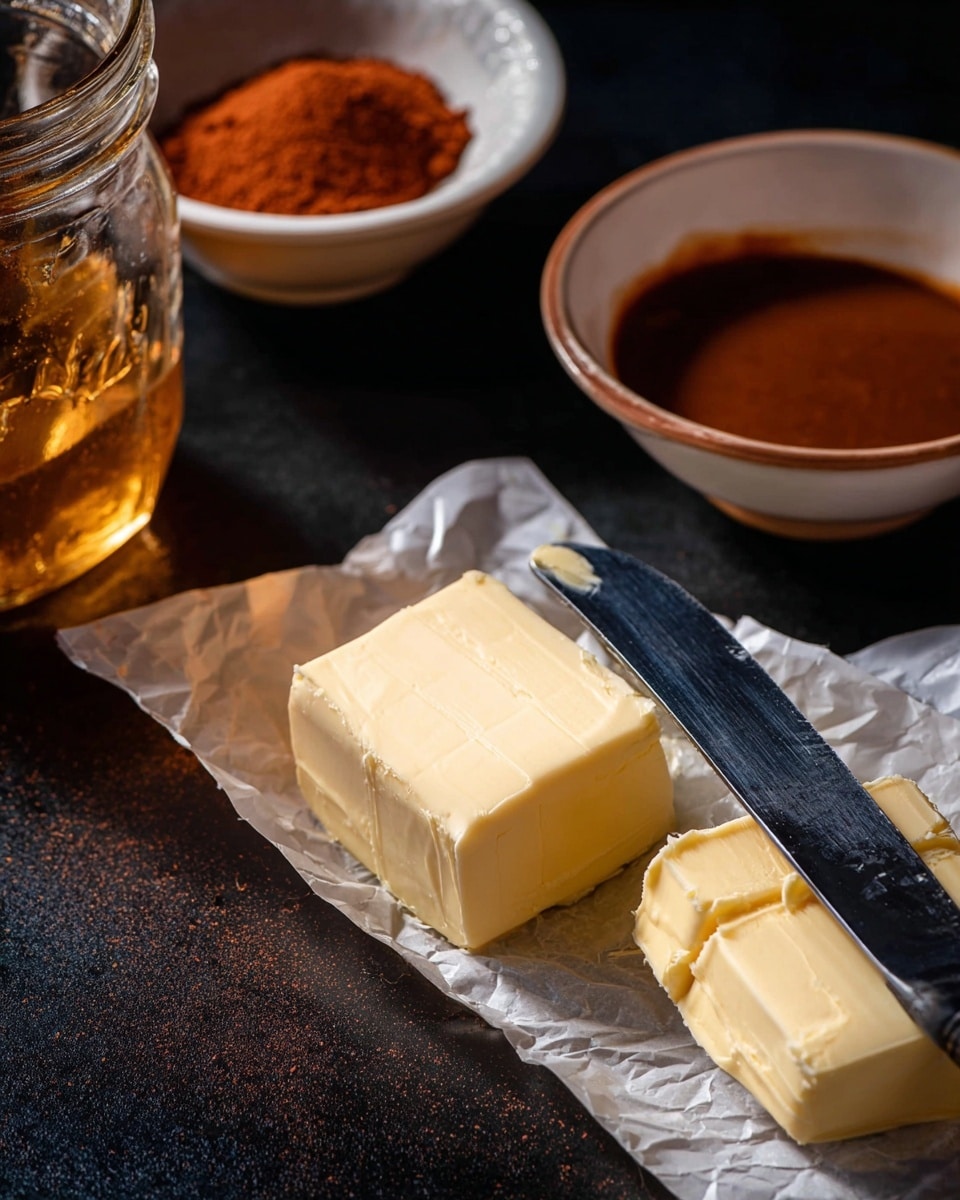 A close-up shot shows a stick of pale yellow butter on an open wrapper, with one square piece separated at the front left. A black-handled knife lies diagonally across the butter and wrapper. Behind the butter, there is a small white bowl filled with a thick reddish-brown sauce. To the left, part of a clear glass jar with a golden liquid is visible, along with another small white bowl filled with a reddish spice powder. The entire scene is set on a dark surface with a subtle texture, contrasted by the smooth pale butter and glossy sauce. Photo taken with an iphone --ar 4:5 --v 7
