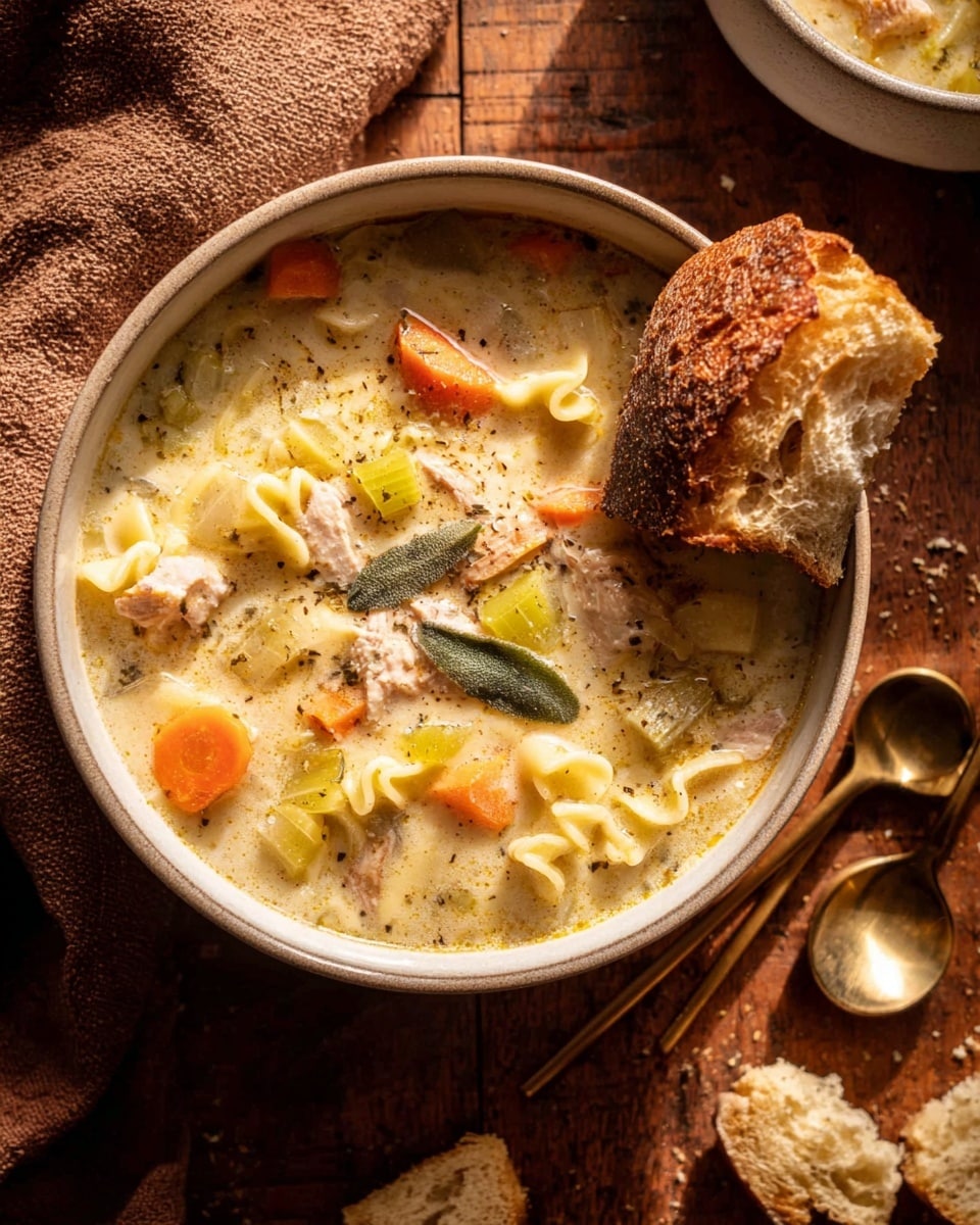 A white bowl filled with creamy soup containing layers of orange carrot slices, light green celery pieces, pale yellow irregular pasta shapes, and shredded light-colored meat, topped with a single sage leaf visible near the center. A piece of rustic crusty bread with a browned crust is dipped slightly into the soup on the right side inside the bowl. The bowl is placed on a dark wooden table with two golden spoons nearby on the right and torn pieces of similar bread scattered around. A fuzzy brown cloth is visible on the left side of the image. The whole scene is lit with warm natural light. photo taken with an iphone --ar 4:5 --v 7