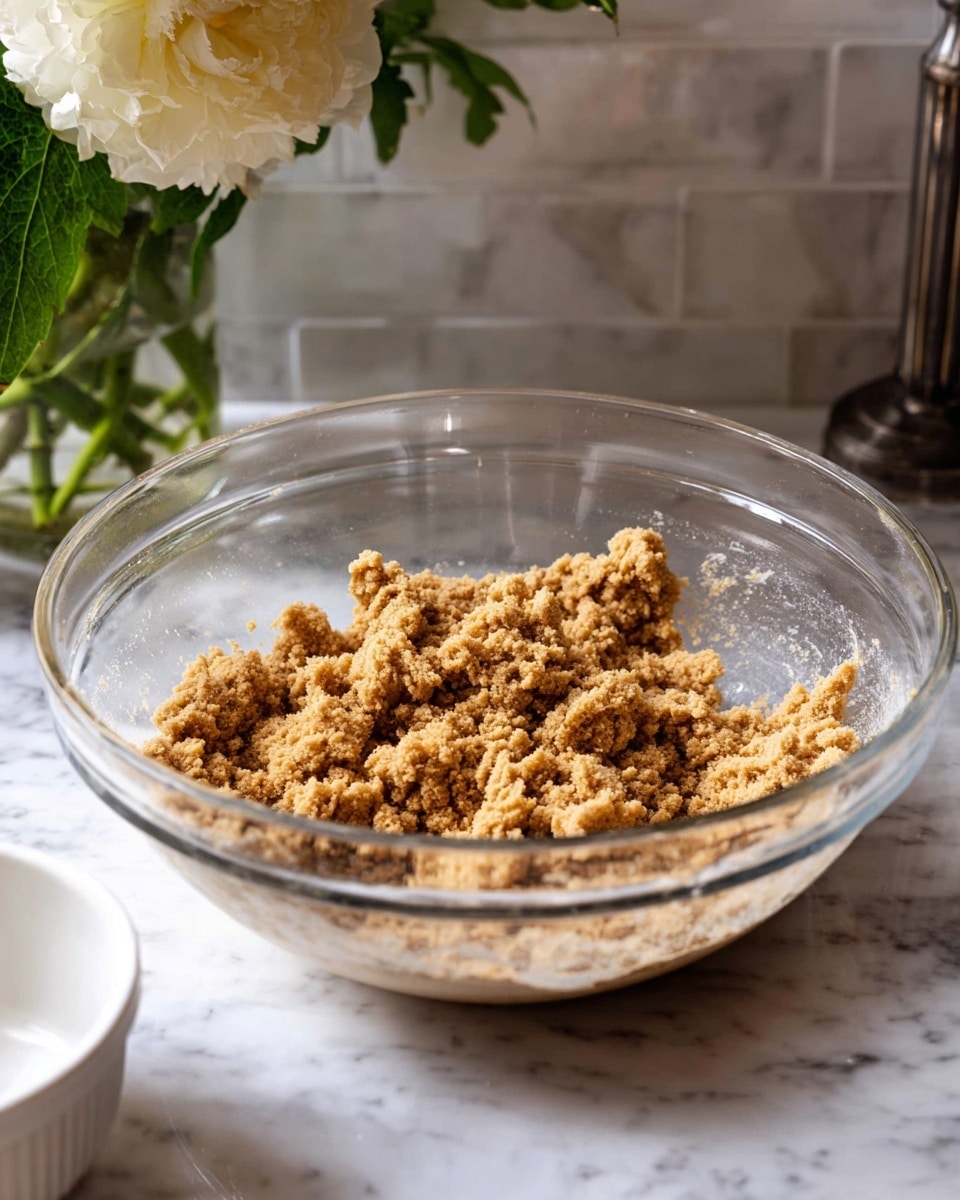 A clear glass mixing bowl sits on a white marbled surface, filled about halfway with crumbly dough pieces in a light brown color. The dough has a rough texture with uneven clumps spread around the inside of the bowl. To the left, a white bowl is partially visible at the edge of the frame. In the background, there is a vase holding green leaves and a single large, blooming white flower, set against a white marbled wall. The scene has soft natural light coming from the left side, highlighting the textures well. Photo taken with an iphone --ar 4:5 --v 7