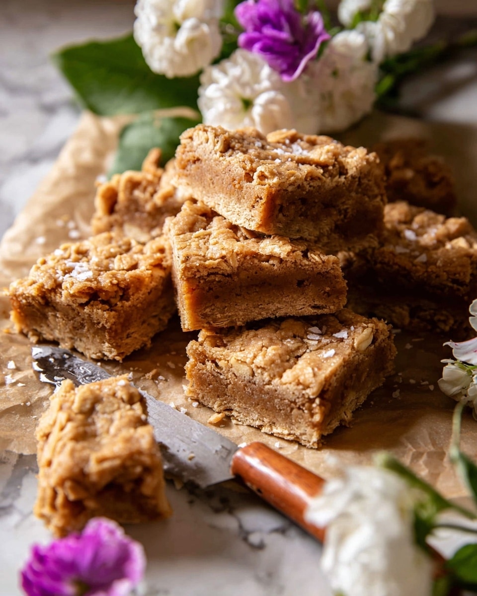 A close view of several cut, square oat bars stacked and laid out on light brown parchment paper on a white marbled surface. The oat bars have a golden brown color with a crumbly, rough texture, showing oats and small bits inside. The bars are thick, about two layers, with a dense, slightly soft inside and a slightly crispy top sprinkled with coarse salt. Some pieces are stacked unevenly in the center while others lie flat around them. Around the bars, there are white and purple flowers with green leaves adding a natural contrast. A wooden-handled knife sits nearby on the white marbled surface photo taken with an iphone --ar 4:5 --v 7