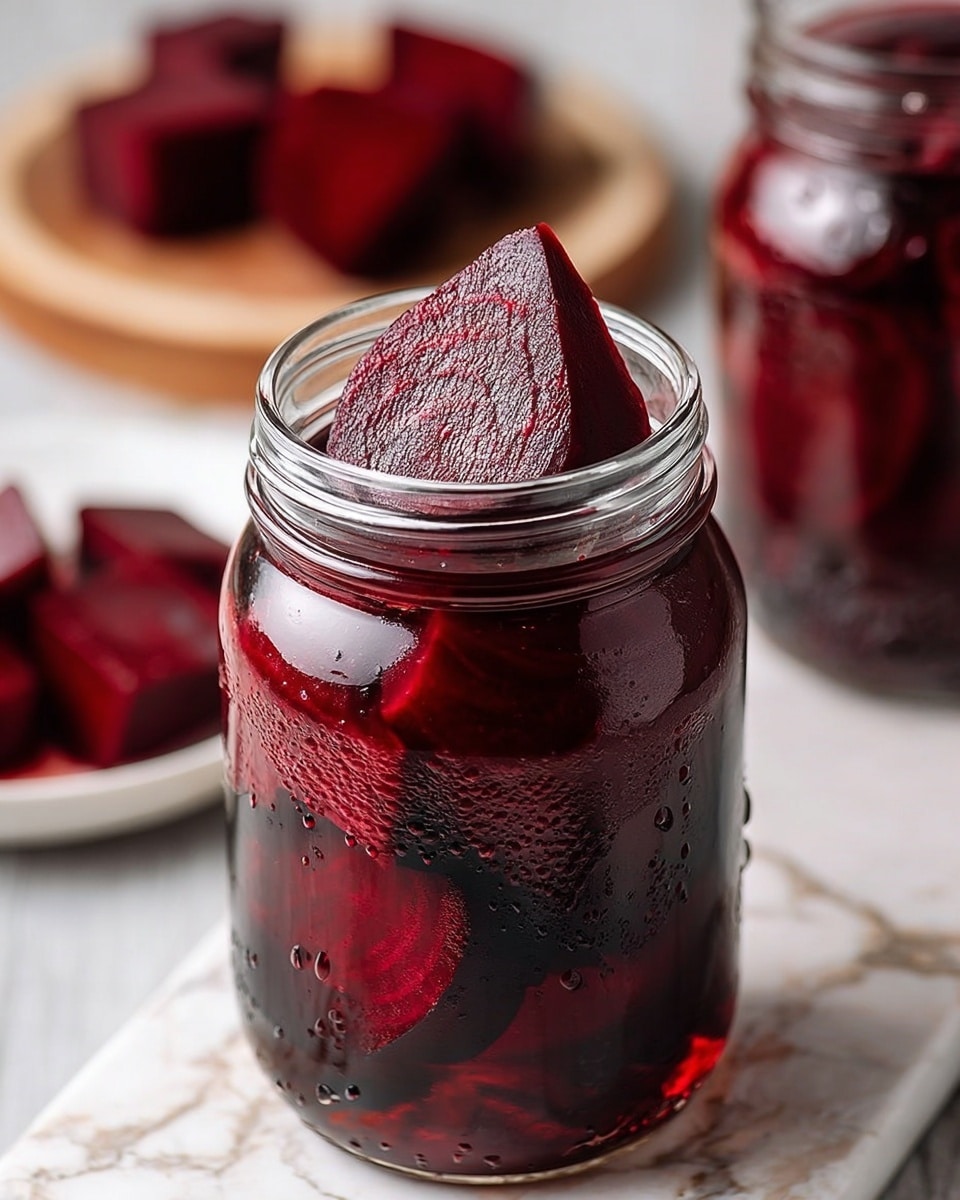 A small white bowl filled with shiny, deep red beet chunks, each piece showing smooth, moist texture. Behind the bowl, there is a large glass jar filled with dark red pickled beets, showing hints of seeds and spices inside the liquid. To the left, two halves of a fresh beet, showing rough, dark outer skin and vibrant red inner flesh, rest on a wooden surface. In the background, there are two small white bowls filled with different spices, placed on a white marbled textured surface. photo taken with an iphone --ar 4:5 --v 7