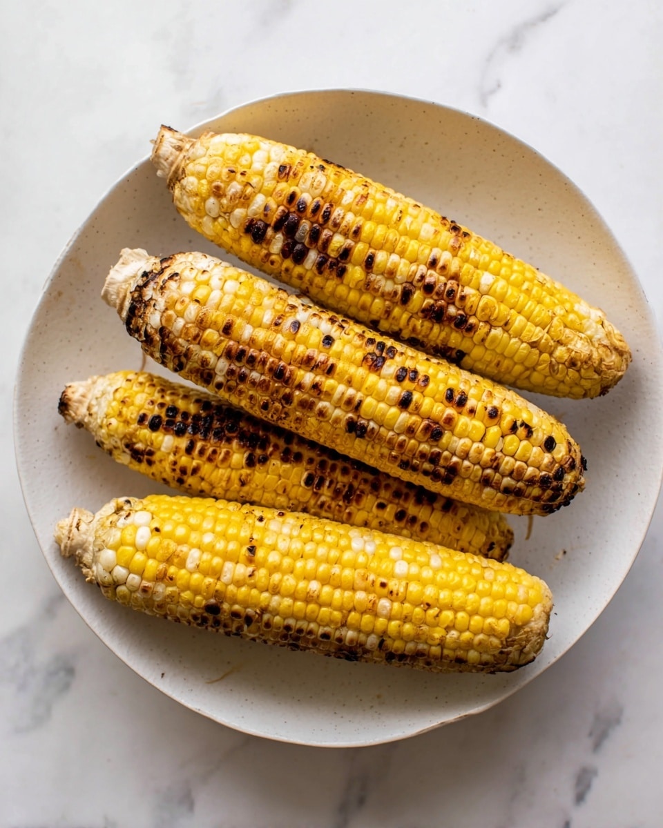 Four grilled corn cobs lie side by side in a white bowl, each cob showing a mix of bright yellow and pale white kernels. The cobs have uneven dark brown and black grill marks scattered across them, giving a toasted texture with small charred spots. The ends of the cobs are rough and lightly browned, with some strands of corn silk visible. The bowl sits on a white marbled surface that adds a soft, clean background to the image. photo taken with an iphone --ar 4:5 --v 7
