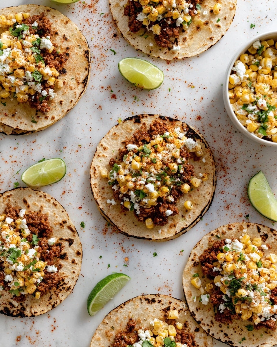 The image shows several small tacos on a white marbled surface, each with two layers of lightly charred corn tortillas. The bottom layer on each taco is a brown, crumbly meat filling, topped with a bright, creamy mixture of yellow corn, chopped green onions, and white cheese crumbles. Some tacos have a light sprinkling of red chili powder or seasoning on top. Around the tacos, there are lime wedges and a white bowl filled with the same corn mixture. The overall colors are warm with earthy browns, yellow corn, fresh greens, and white cheese, all set against the clean white marbled background. Photo taken with an iphone --ar 4:5 --v 7