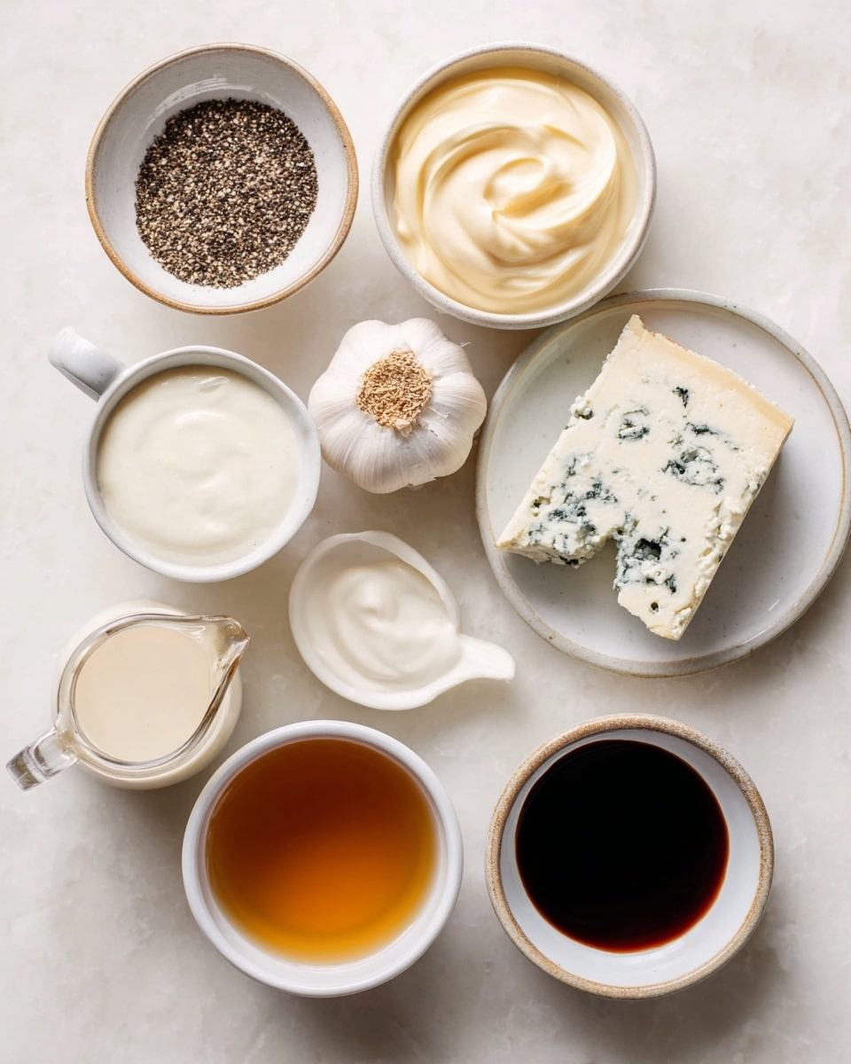 The image shows seven small white bowls and plates arranged on a white marbled surface. In the top left, there is a bowl with coarse salt and black pepper, its rough texture visible. Next to it, a bowl filled with creamy mayonnaise, smooth and light yellow. Below that, a bowl of smooth sour cream with a white color. In the center, a whole garlic bulb rests with pale ivory skin and visible cloves. To the right, a white plate holds a piece of blue cheese with a pale yellow color and dark blue-green veins, with a bite taken out. At the bottom left, a small glass jug holds a light cream-colored liquid that looks like milk or cream. In the middle bottom, there is a bowl of light brown honey or syrup, shiny and thick. The bottom right has a dark soy sauce or vinegar in a white bowl, smooth and reflective. The photo was taken with an iphone --ar 4:5 --v 7