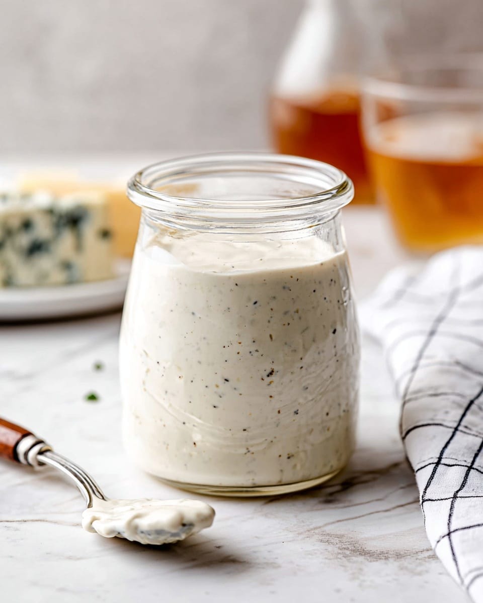 A clear glass jar filled almost to the top with a thick, creamy white sauce speckled with small bits of black pepper and herbs, sitting on a white marbled surface. In front of the jar is a small silver spoon with a wooden handle, holding a small amount of the same sauce. In the blurry background, there is a block of blue cheese sitting on a white plate, a glass with an amber liquid, and a bottle of milk. A white cloth with a black grid pattern is partially visible on the right side. The image is well-lit with a soft, natural light. photo taken with an iphone --ar 4:5 --v 7