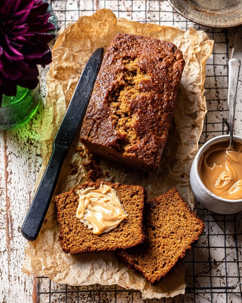 A loaf of brown bread with a rough, caramelized top crust sits on crinkled parchment paper over a metal rack. Two thick slices are cut from the loaf; one slice is spread with butter melting into the warm bread, showing its moist and slightly crumbly texture in golden brown shades. Next to the bread is a black knife with a simple handle resting flat on the parchment. To the right is a white cup with light brown swirled spread inside. On the left side, a glass vase holds a dark purple flower. The scene is set on a rustic wooden table with a white marbled texture underneath. photo taken with an iphone --ar 4:5 --v 7