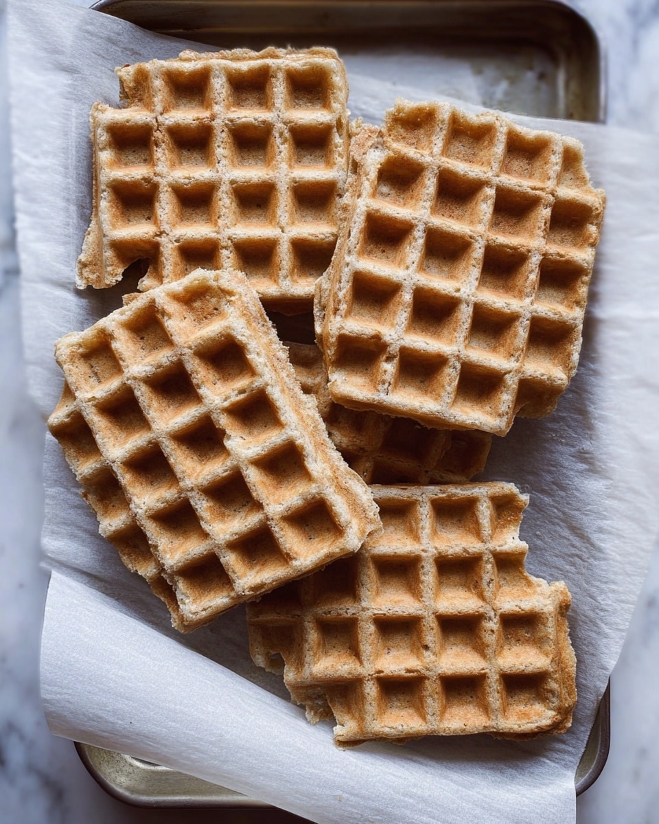 The image shows five square waffles with a rough texture and a light brown color, arranged on a sheet of parchment paper over a baking tray. Each waffle has a grid pattern with deep square pockets, and the edges are slightly uneven or broken in some places. The parchment paper is partially lifted at the bottom right corner, exposing the corner of one waffle underneath. The overall look is rustic and homemade, with the waffles filling most of the frame above the white marbled surface beneath the tray. photo taken with an iphone --ar 4:5 --v 7