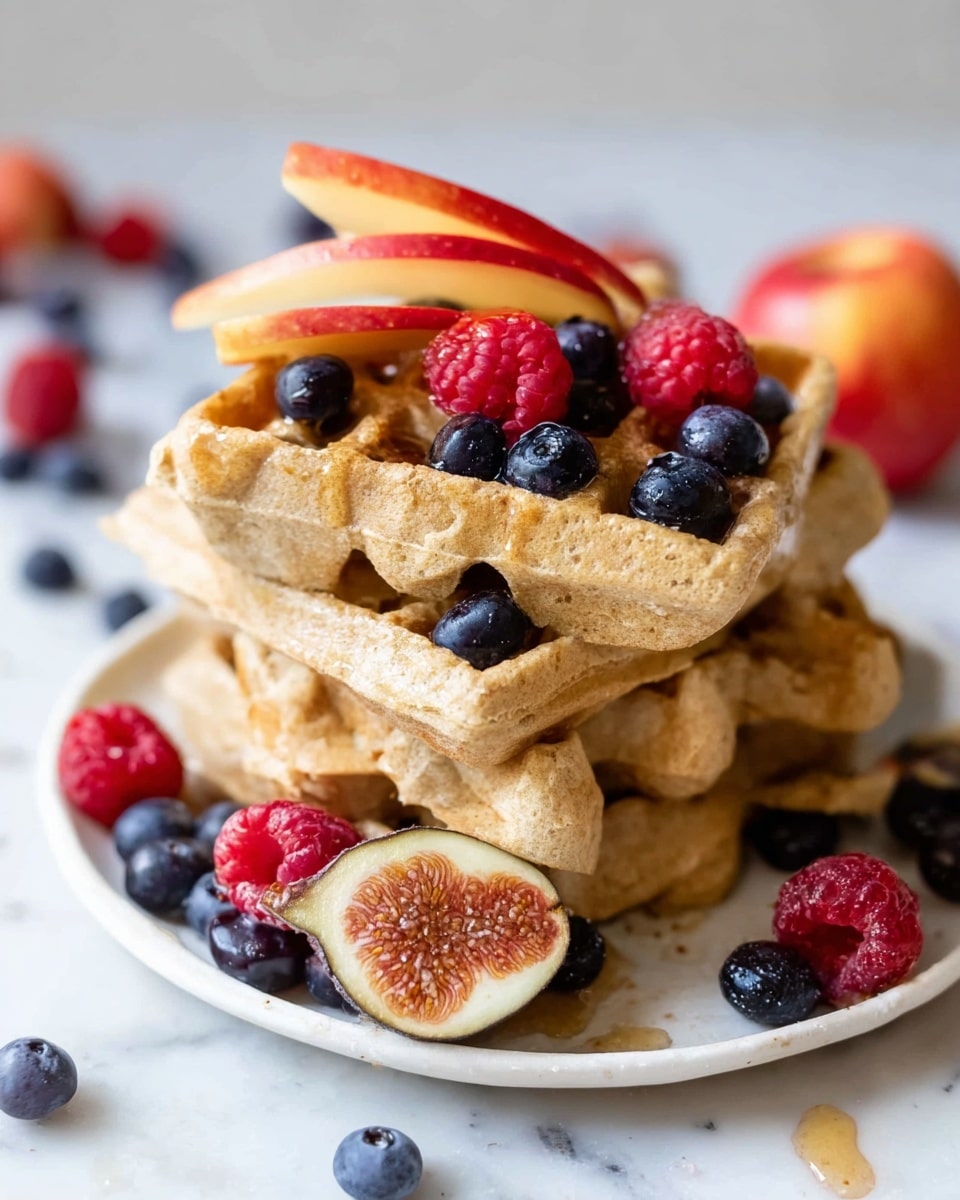 A stack of thick, golden brown waffles sits on a white plate, layered three high with each waffle showing a soft, spongy texture and slight crisp edges. Scattered blueberries are on and between each waffle layer, adding deep blue spots. Raspberries rest on the top and around the base, bringing bright red color highlights. Thin slices of red apple sticks lean on the top waffle, and a halved fig with purple skin and a reddish interior sits at the front of the plate. The plate is on a white marbled surface with a blurred red apple in the background and more blueberries and raspberries scattered around. photo taken with an iphone --ar 4:5 --v 7