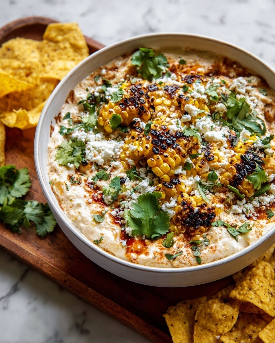 A white bowl filled with creamy, light beige dip acting as the base layer, topped with small pieces of grilled corn that have charred black marks, adding a mix of yellow and dark brown colors. Fresh green cilantro leaves are scattered generously on top along with white crumbly cheese sprinkled across the dish. The bowl sits on a wooden board with a few yellow tortilla chips beside it, all set against a white marbled surface. Photo taken with an iphone --ar 4:5 --v 7