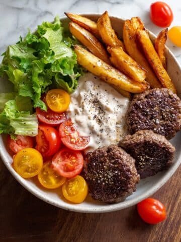 Burger Bowls with Caramelized Onion Aioli Recipe