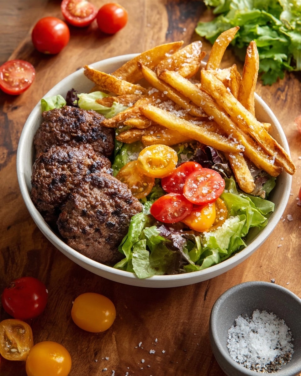 A white bowl contains three parts: on the right side, two dark brown grilled patties with a slightly rough texture; above them, thick golden-brown fries sprinkled with coarse salt, showing a crispy texture; on the left side, a fresh mixed salad with bright green leafy lettuce and sliced tomatoes in red and yellow orange, some round and some sliced in half showing juicy seeds. The bowl rests on a wooden surface with scattered whole and sliced cherry tomatoes and a small gray dish with salt and pepper nearby. Photo taken with an iphone --ar 4:5 --v 7