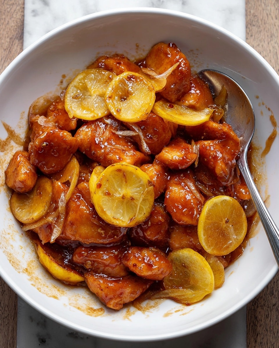The image shows a white bowl filled with several chunky pieces of raw chicken coated in a shiny, sticky reddish-brown sauce. Mixed within the chicken are thin, round slices of bright yellow lemon, some of which show a slight golden-brown caramelization on their edges. The sauce glistens heavily, giving the chicken a moist look, with occasional splashes smeared on the bowl’s inside edges. A silver spoon is partially submerged in the marinade, resting on the side of the bowl. The whole bowl sits on a white marbled surface. photo taken with an iphone --ar 4:5 --v 7