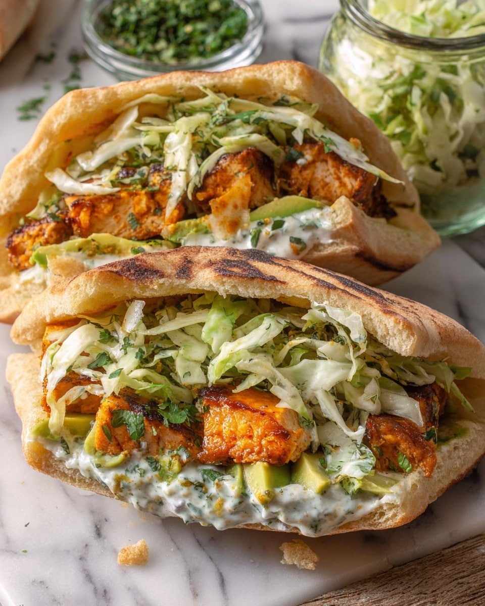 Two stuffed pita halves filled with three layers: the bottom layer has creamy white sauce with bits of green herbs, the middle layer is made of bright orange, glazed chunks of cooked meat, and the top layer is light green cabbage slaw with thin strips and herbs. Each pita is golden brown with a soft, slightly toasted texture. Inside the pitas, there are also slices of light green avocado adding smooth texture. The background is a white marbled surface with a small glass jar of green herbs and a bowl of cabbage slaw nearby. photo taken with an iphone --ar 4:5 --v 7