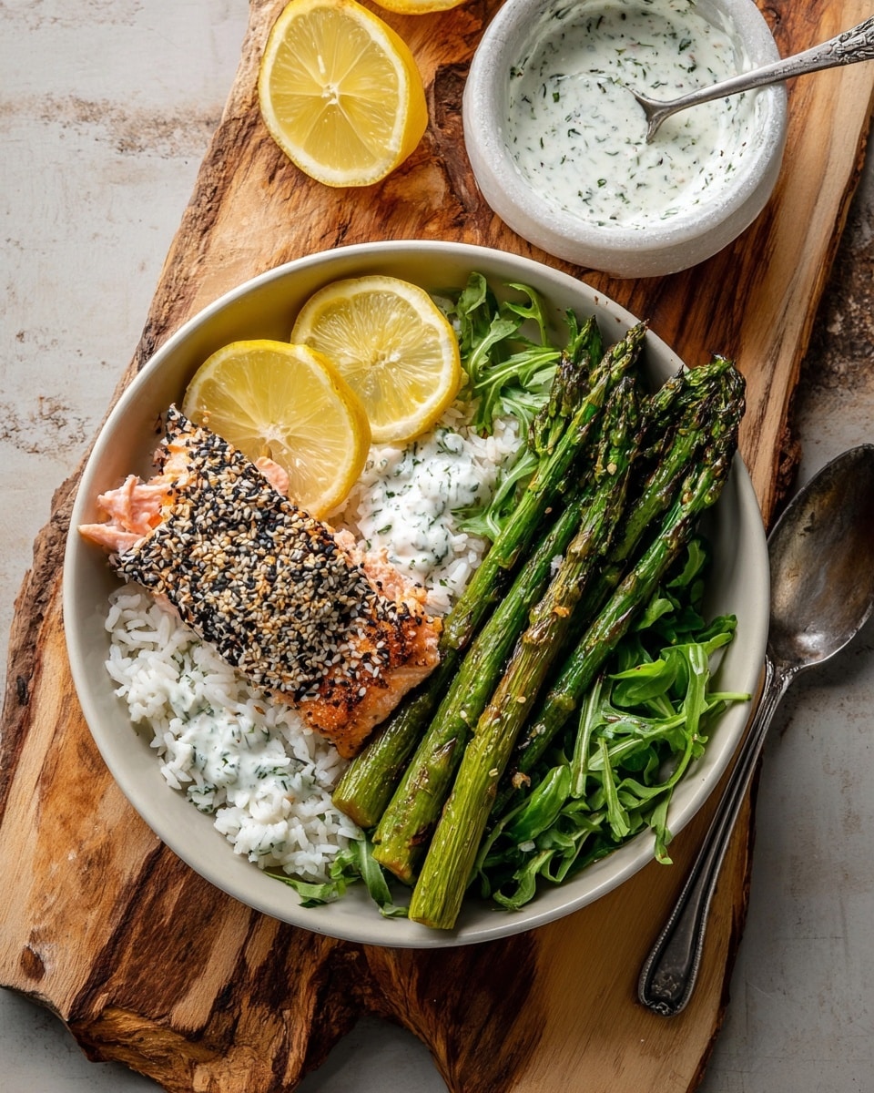 The image shows two thick salmon fillets on brown parchment paper with a crunchy coating of mixed white and black sesame seeds and small bits of seasoning spread all over their orange-pink surface. One fillet is whole, and the other is partially broken with a piece being lifted by a silver fork, showing the soft layers inside. To the right, there are several roasted green asparagus stalks with slight char marks. The whole scene is set on a white marbled texture. Photo taken with an iphone --ar 4:5 --v 7