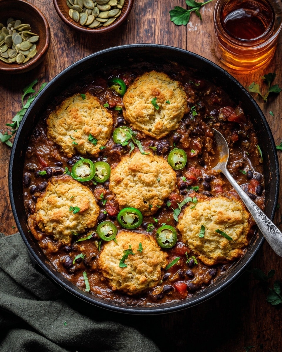 A black round pan filled with a dark, chunky base of brown sauce, diced green peppers, black beans, and tomatoes, topped with six golden-brown biscuit-like rounds with a rough, crumbly texture placed evenly across the surface. Green jalapeño slices and small green herb leaves are scattered over the biscuits and sauce, adding some color contrast. The pan sits on a wooden surface with a small bowl of pumpkin seeds and green leaves to the top left and a glass jar with amber liquid to the bottom right. A silver spoon rests inside the pan on the right side. Photo taken with an iphone --ar 4:5 --v 7