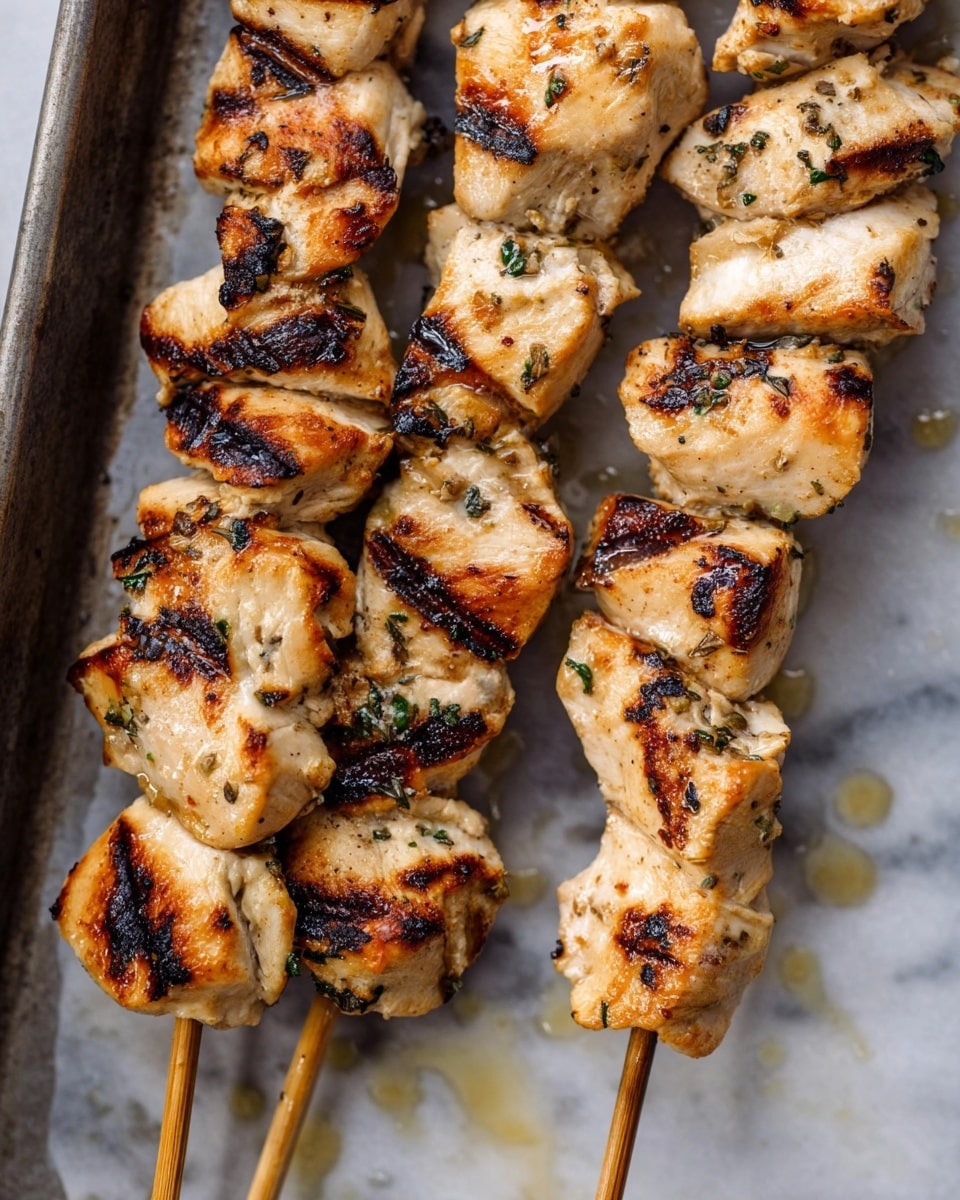 Three wooden skewers hold grilled chicken pieces with visible herbs, each skewer filled with five to six chunks. The chicken is light tan with deep grill marks in dark brown and black, giving a slightly charred texture. Some pieces have a glistening, juicy look with small bits of green herbs scattered over them. The skewers rest on a metal tray with a light coating of oil and small droplets around. The background is a white marbled texture. photo taken with an iphone --ar 4:5 --v 7