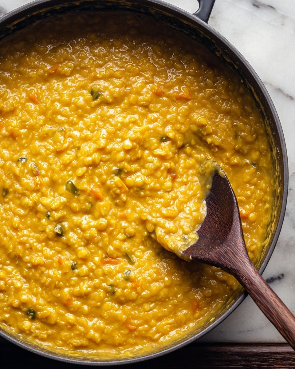 A close-up image of a pot filled with thick, creamy yellow lentil stew with a slightly textured surface showing soft lentils and small pieces of vegetables evenly mixed throughout. A dark wooden spoon is partially dipped in the stew on the right side, showing some of the stew sticking to it. The pot’s inside is a dark color, contrasting with the bright stew. The pot sits on a white marbled surface. photo taken with an iphone --ar 4:5 --v 7