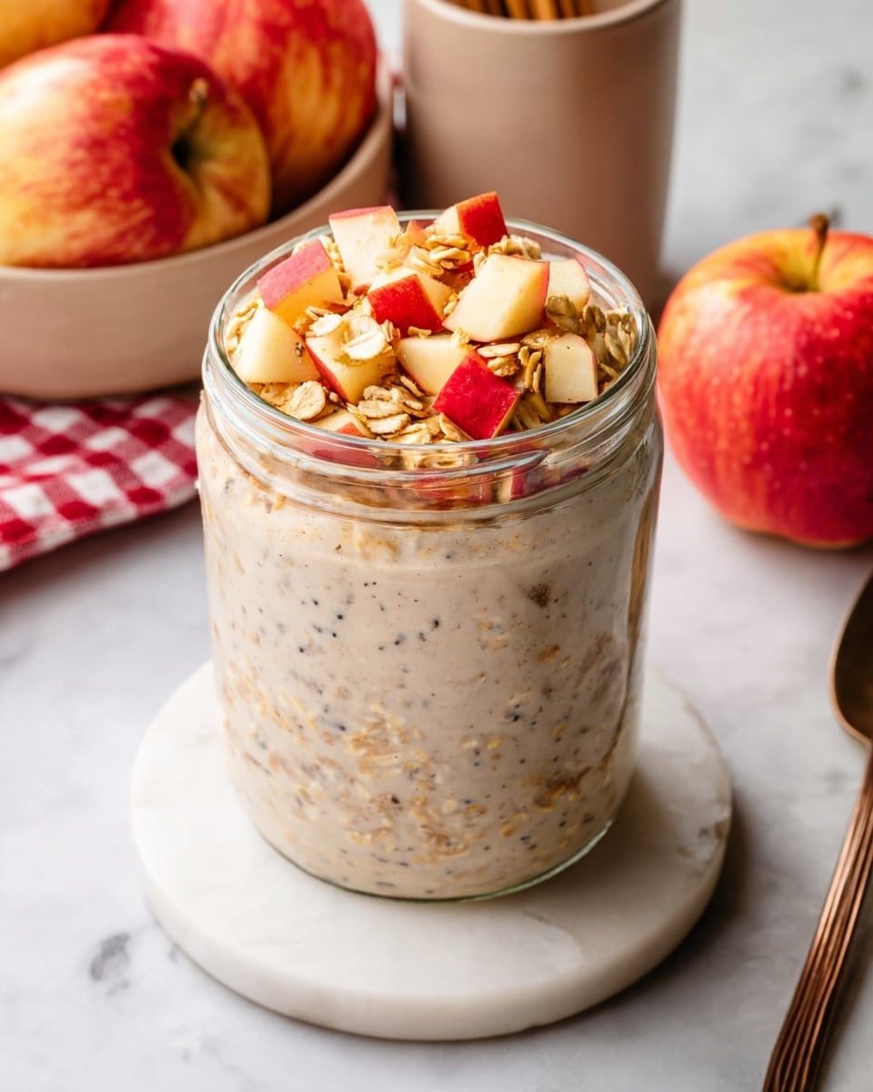 A clear glass jar filled with three main layers: the bottom layer is a smooth, creamy beige oatmeal mixed with small dark specks; the top layer is a mix of small, red and white apple cubes and golden oat clusters spread evenly across the surface. The jar sits on a round white marble coaster on a white marbled surface. Behind the jar, there are whole apples with a red and yellow blush, and a red and white checkered cloth partially visible. A bronze spoon and a beige cup with wooden sticks are faintly seen in the background. Photo taken with an iphone --ar 4:5 --v 7
