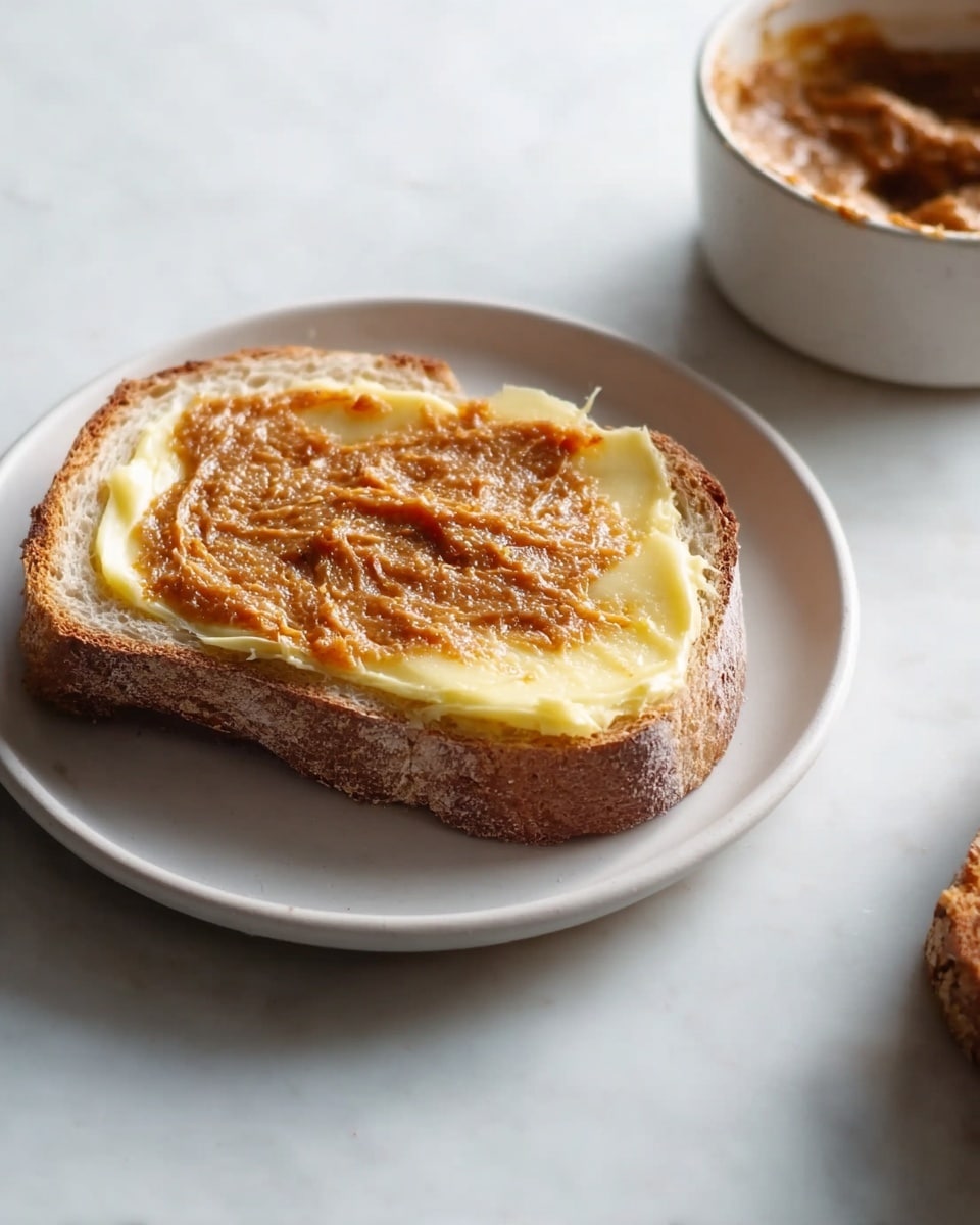 A single slice of light brown bread with a crusty edge sits on a white plate. The bread is spread with two layers: a thick, creamy yellow layer of butter on the bottom and a thicker brown, slightly chunky spread on top. To the side, part of a white bowl filled with more of the brown spread is visible, placed on a white marbled surface. Photo taken with an iphone --ar 4:5 --v 7