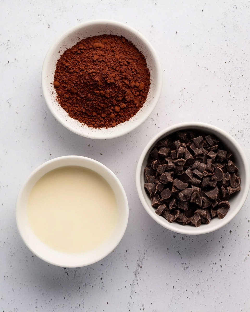 The image shows three white bowls on a white marbled surface. The top left bowl has a dark reddish-brown cocoa powder with a fine texture. The top right bowl is filled with many small, dark brown chocolate chips, some of which are chunk pieces. The bottom left bowl contains a smooth, light cream-colored liquid. The bowls are arranged in a loose triangle on the surface. Photo taken with an iphone --ar 4:5 --v 7