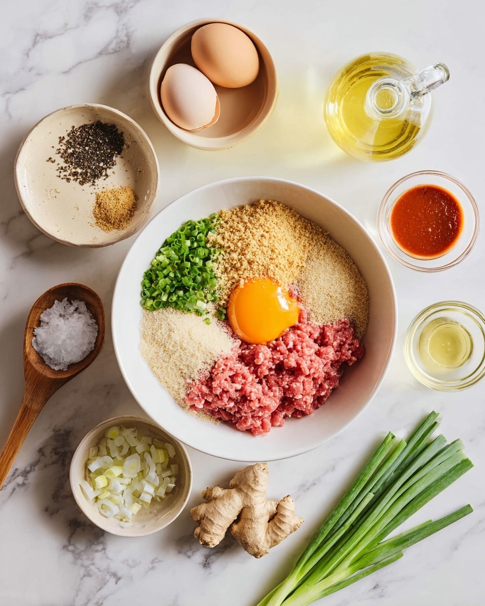 A white bowl in the center holds layers of raw ground meat in pink, an orange egg yolk, green chopped scallions, light tan breadcrumbs, white salt, and black pepper. Around the bowl on a white marbled surface are a beige bowl with two brown eggshells, a wooden spoon resting on a small beige plate with white salt, a glass bowl with light yellow liquid, a transparent bottle with yellow oil, a small white bowl of chopped white garlic, a white bowl of red sauce, fresh green scallions, a piece of fresh ginger, and a small beige dish with black pepper. The colors are bright and natural, showing fresh ingredients clearly, photo taken with an iphone --ar 4:5 --v 7