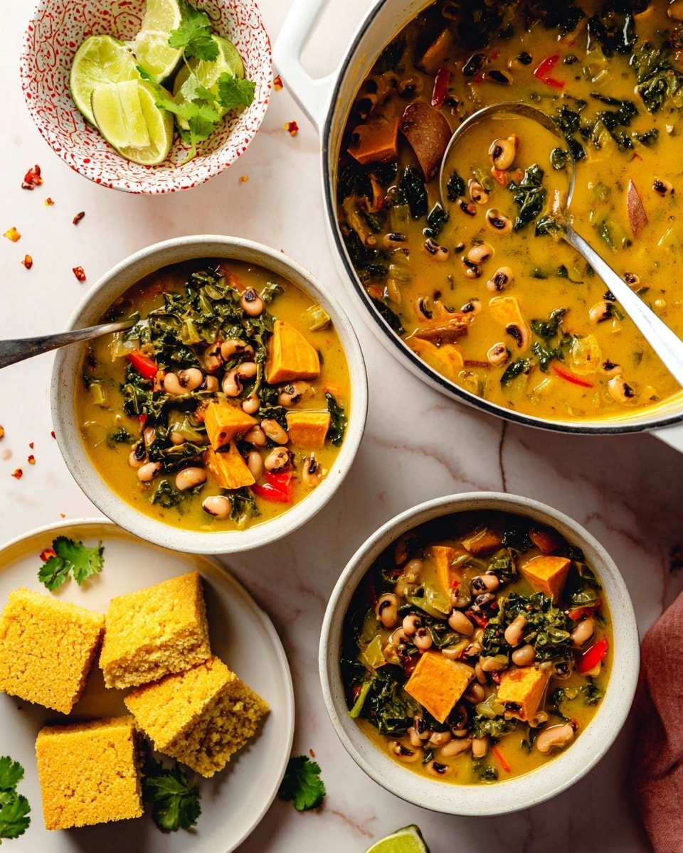 The image shows a white pot filled with a thick yellow stew containing black-eyed peas, green leafy vegetables, and red bell pepper pieces, with large chunks of brown sweet potato mixed throughout. Two white bowls nearby are filled with the same stew, each showing the distinct layers of creamy yellow broth at the bottom and the colorful ingredients on top. One bowl has a silver spoon partially inside, angled to the right. Near the bowls, a small white plate holds several square pieces of golden cornbread, arranged in a stack. Behind the plate, there is a small patterned white bowl with thin lime slices and a sprig of fresh green cilantro. The background is a white marbled surface, and tiny scattered red flakes are visible near the bowls. Photo taken with an iphone --ar 4:5 --v 7