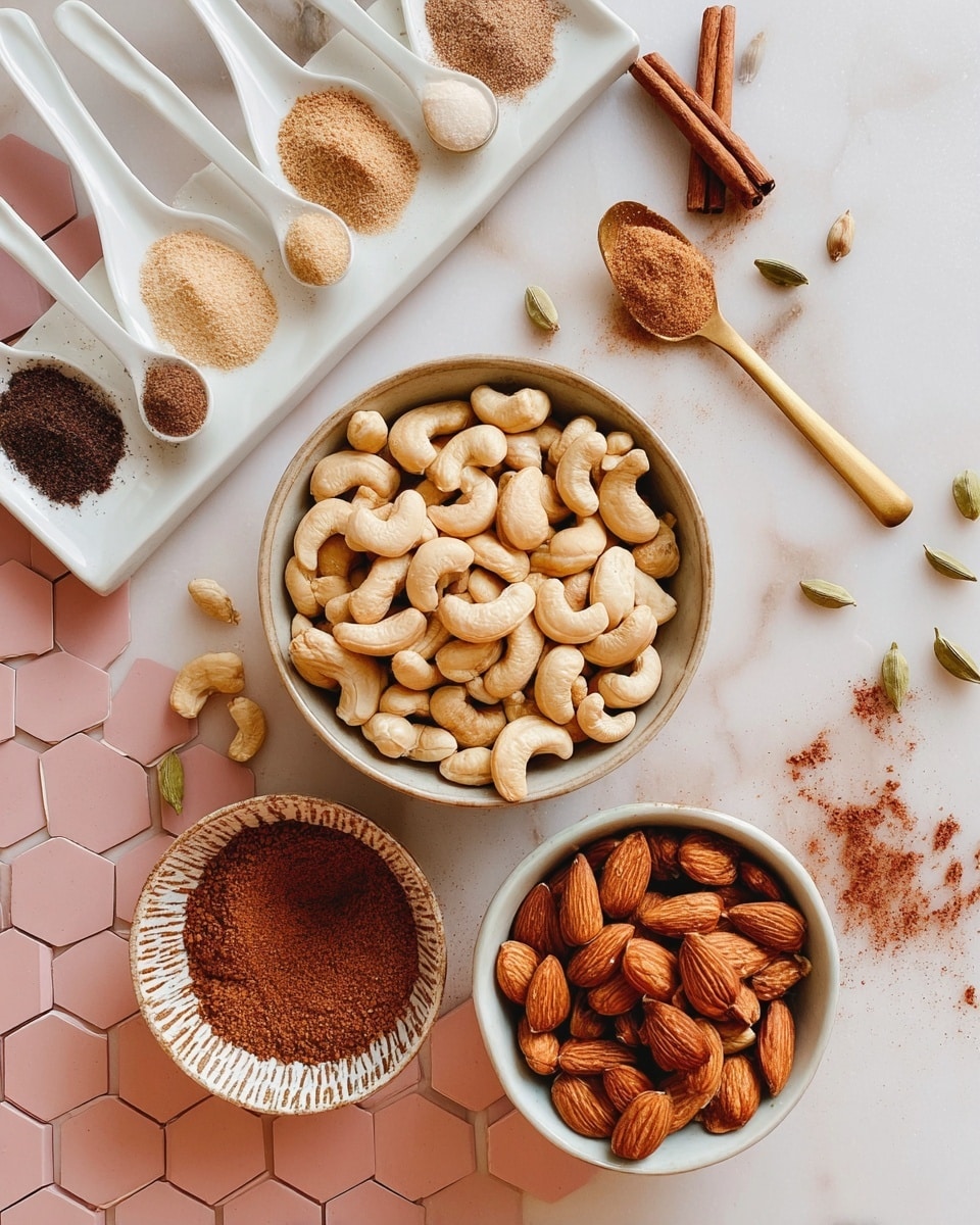 The image shows a top view of a flat layout on a white marbled surface with pink hexagonal tile patterns faintly visible. In the middle, there is one large round bowl filled with creamy white cashews. To the right of it, there is a smaller white bowl filled with whole almonds that are a light brown color. Slightly below this is a smaller bowl with a textured inside and a spoon, filled with reddish-brown ground spice. At the top left, there is a white rectangular dish holding four white spoons, each spoon has different powders: salt grains, a tan powder, a dark brown powder, and a light beige powder. Above the large bowl of cashews and on the rectangular dish, there is a golden spoon and a dark spoon, each holding brown powders and cinnamon sticks. A few cardamom pods and cashews are scattered around the bowls on the white marbled surface. Photo taken with an iphone --ar 4:5 --v 7