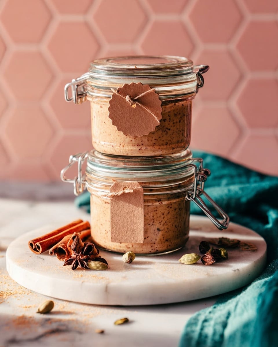 The image shows two glass jars with metal clasps stacked on top of each other on a round white marble plate, filled with thick creamy brown spreads with tiny darker specks, suggesting nut or spice blends. The smaller jar on top has a scalloped round brown paper tag attached, while the larger jar below has a plain rectangular brown paper tag tied with string. Around the plate are whole spices including cinnamon sticks, nutmeg, cardamom pods, and cloves scattered casually. A teal green cloth is softly folded to the right edge on a white marbled surface, and the background is a soft pink hexagonal pattern. The light is warm and natural, highlighting textures and colors clearly. Photo taken with an iphone --ar 4:5 --v 7