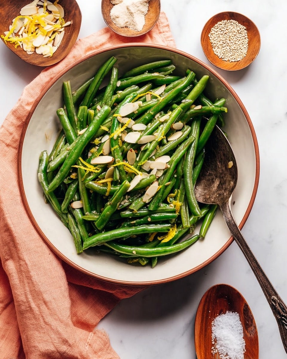 The image shows a large white plate filled with bright green cooked green beans as the base layer, with a slightly shiny texture, arranged unevenly across the plate. On top, there is a generous sprinkling of chopped light tan almonds and small bits of yellow lemon zest scattered evenly over the green beans. A vintage silver serving spoon rests on the plate's edge, partly submerged under the green beans. The plate sits on a white marbled surface with a pale tan cloth nearby; in the background, there are small bowls featuring yellow lemon zest and sesame seeds, as well as a wooden tray holding a wooden spoon with a heap of coarse white salt and some almond pieces. Photo taken with an iphone --ar 4:5 --v 7