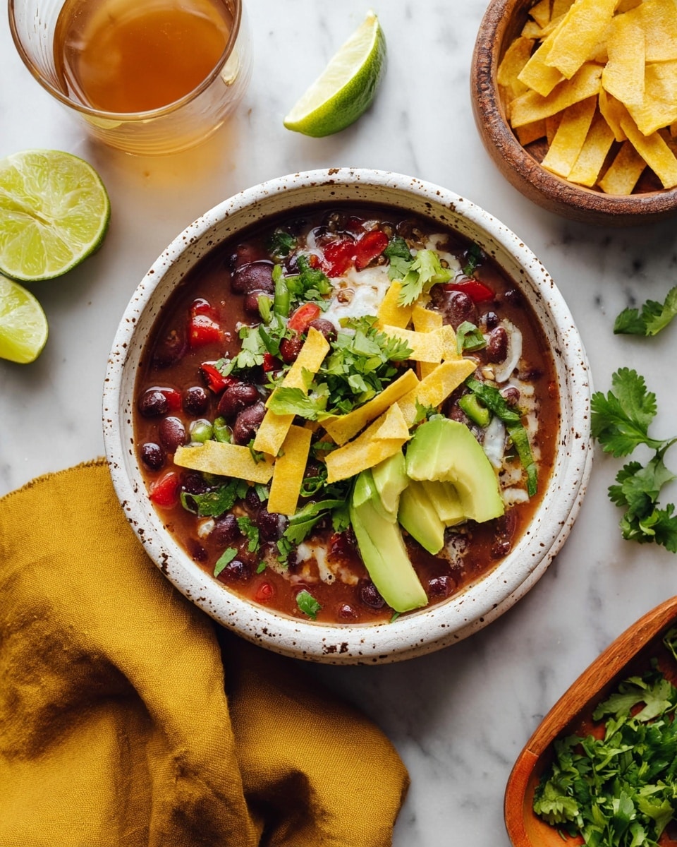 A white bowl with black speckles holds a dark red bean soup base filled with black beans and diced red peppers. On top, there are light green slices of avocado, scattered fresh green cilantro leaves, and several yellowish crispy strips. A pale green lime wedge rests on the side of the bowl. Near the bowl, there is a white marbled surface with a small pile of fresh cilantro, a wooden tray holding another bowl of crispy strips, and a lime wedge. A glass of light brown drink is partly visible in the upper left. A mustard yellow cloth is placed under the bowl on the white marbled surface photo taken with an iphone --ar 4:5 --v 7