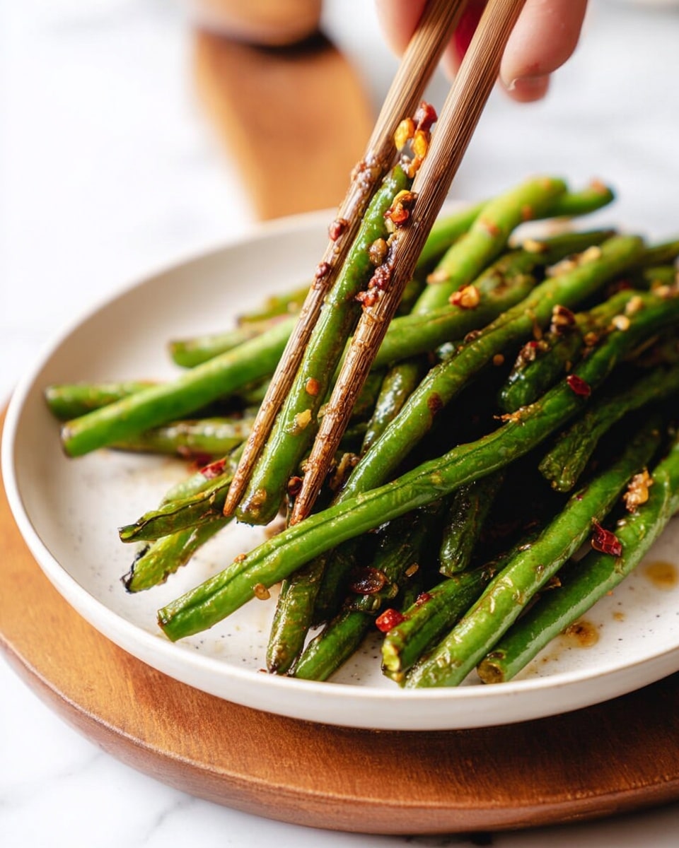 The image shows a close-up of several bright green cooked beans held by wooden chopsticks, with small red chili flakes and bits of seasoning clinging to them. Below the chopsticks, a white plate with more green beans sits on a wooden board, all placed on a white marbled surface. The woman's hand holding the chopsticks is slightly visible at the top of the image. The beans have a shiny, slightly oily texture that highlights their freshness. Photo taken with an iphone --ar 4:5 --v 7