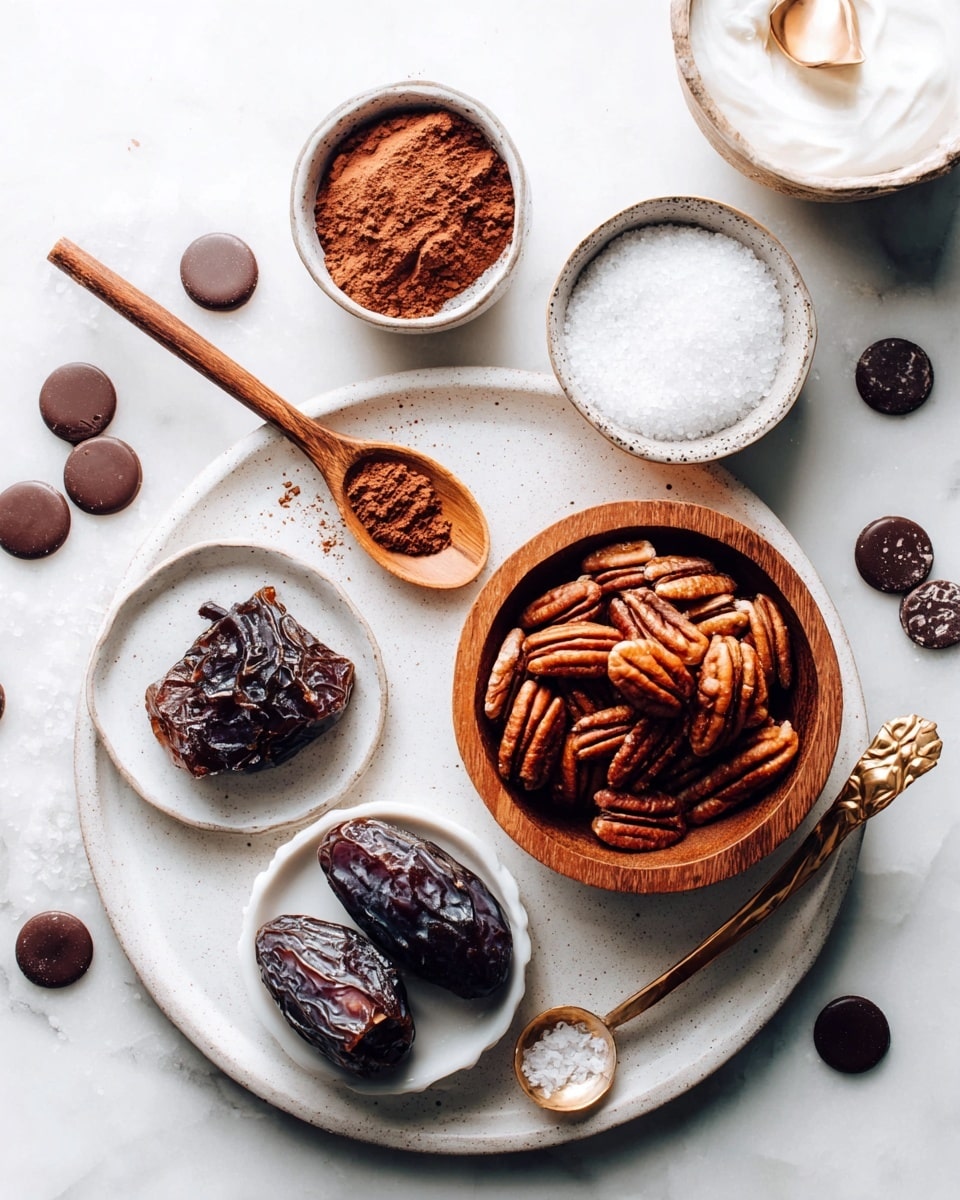 The image shows a white speckled round plate with several ingredients arranged on it and around it, all set on a white marbled surface. On the plate, there is a small wooden bowl filled with shiny, reddish-brown pecans positioned to the right, with two pecans placed just outside the bowl. Below the bowl is a small white round dish containing three large, dark brown dates with wrinkled texture. To the left of this dish is a sticky, glossy brown chunk, and above it, a wooden spoon resting on the plate filled with white flaky salt. Above the spoon, there is another small round white bowl filled with reddish-brown cocoa powder next to a small wooden spoon holding a small amount of light brown syrup. Around the plate on the white marbled surface, there is a white bowl filled with round dark chocolate discs and a few scattered discs beside it, along with a small brass spoon holding coarse white salt nearby. A portion of another bowl with a white creamy substance is partly seen on the top right edge of the image. photo taken with an iphone --ar 4:5 --v 7
