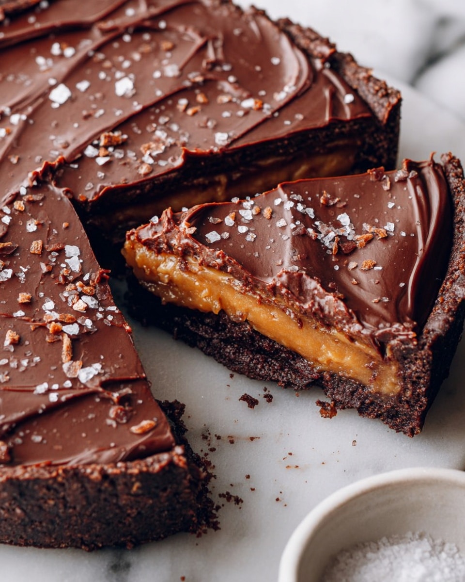 The image shows a round chocolate tart with a rich, thick dark chocolate layer on top, textured with swirls and small salt flakes sprinkled over it. One slice is being lifted away, revealing a thick caramel layer in the middle with a slightly glossy and sticky texture, sandwiched between the top chocolate layer and a darker, dense chocolate crust at the bottom. The tart sits on a white marbled surface, with a small white bowl of coarse salt visible at the bottom right corner of the image. Photo taken with an iphone --ar 4:5 --v 7