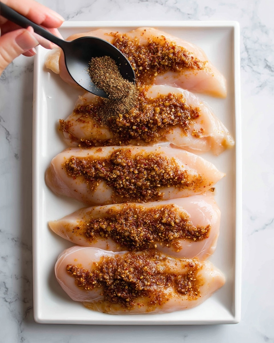 A white rectangular plate holds five raw chicken fillets arranged side by side, each fillet covered with a sprinkle of dark brown spice mix. A black spoon is held by a woman's hand above the fillets, spreading the spice mix over the right side of the plate. The background surface is a white marbled texture. photo taken with an iphone --ar 4:5 --v 7