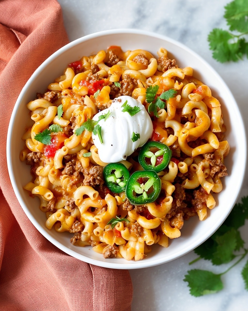 A white bowl filled with creamy macaroni pasta mixed with small browned ground beef pieces and bits of red tomato. The pasta is coated in a light orange sauce and sprinkled with chopped green cilantro leaves. On top, there is a dollop of white sour cream in the center and two slices of green jalapeño pepper near it. The bowl sits on a white marbled surface with a soft orange cloth nearby. Photo taken with an iphone --ar 4:5 --v 7