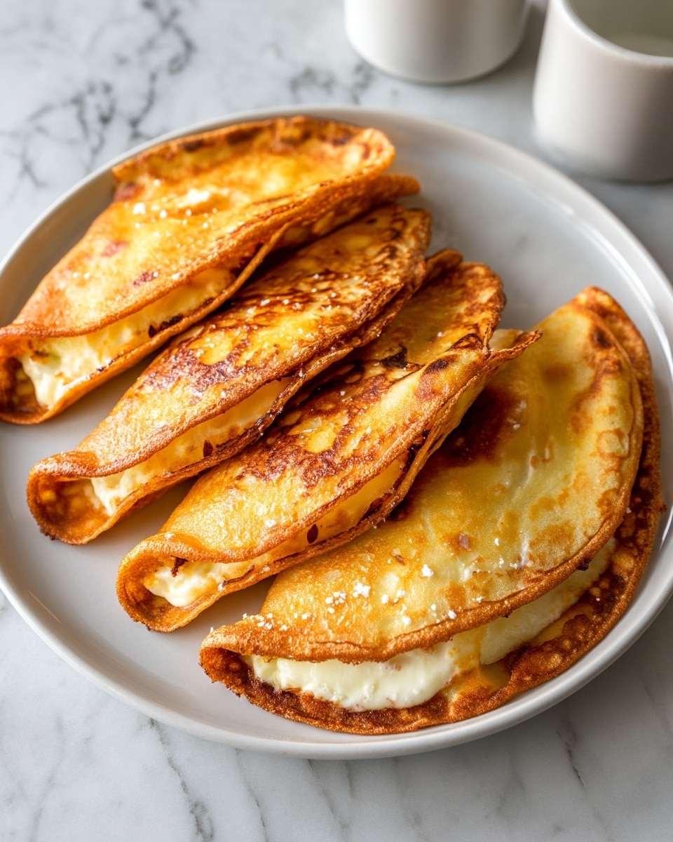 The image shows a white plate with five pieces of golden brown folded tacos or crepes. Three of them are curved with a slightly crispy texture, filled with a white creamy filling that is visible along the split edges. The other two pieces are more flat and wider, showing a smooth, browned surface. The plate is placed on a white marbled surface with small white cups nearby. The warm lighting highlights the crispiness and creaminess of the dish. Photo taken with an iphone --ar 4:5 --v 7