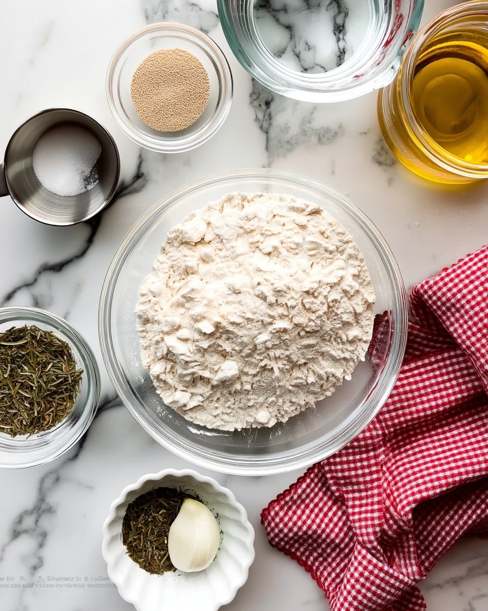 A clear glass bowl filled with a mound of white flour sits centered on a white marbled surface. Around it, there are smaller clear glass bowls; one holds white salt, another contains beige yeast, and a third is empty. A white ceramic dish nearby has some green dried herbs and a peeled white garlic clove. To the left, a metallic measuring cup with a white powder inside, and a small glass bowl filled with golden yellow olive oil are placed. A woman's hand holds a glass jar in the top right corner, and a red and white checkered cloth is partially visible on the right side. photo taken with an iphone --ar 4:5 --v 7