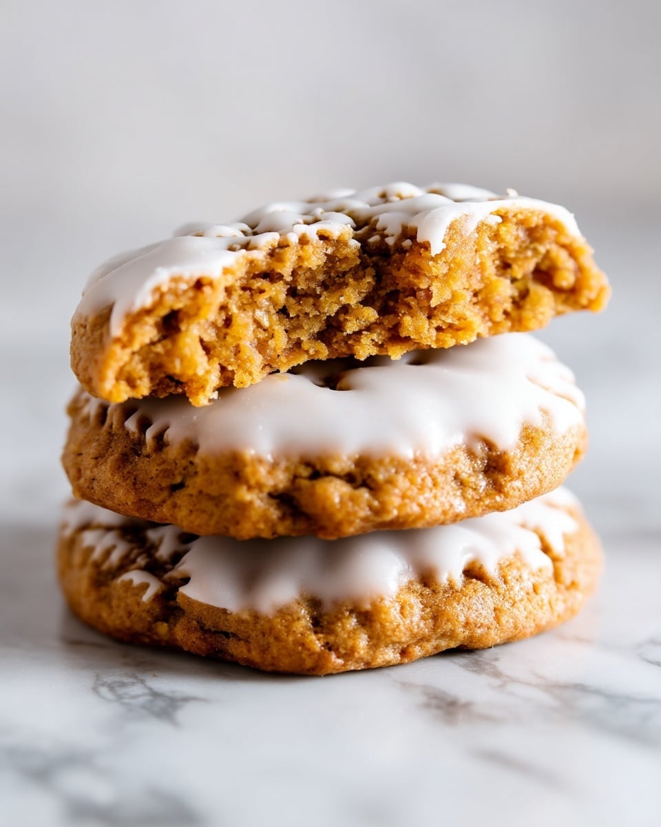 A stack of three round cookies sits on a white marbled surface. The bottom cookie is whole, showing a rough, crumbly texture with a golden-brown color. The middle cookie is broken and rests on top of the bottom one at an angle, revealing a thick and soft inside with a similar golden-brown shade. The top cookie is partially bitten, exposing the same inside texture. Each cookie is covered with a white icing glaze that spreads unevenly across the tops, creating a soft contrast to the darker cookie underneath. photo taken with an iphone --ar 4:5 --v 7