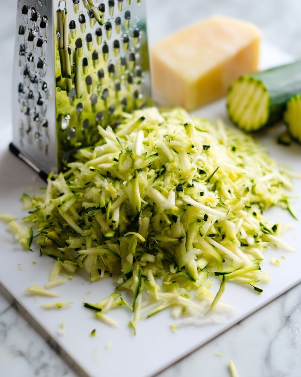 A pile of freshly grated zucchini sits on a white cutting board with thin green and pale yellow strips mixed together, showing a fresh, moist texture. The grated zucchini is spread loosely in the center with some pieces scattered around the edges. Behind the pile, there is a metal box grater with some zucchini residue on it, standing upright and slightly blurred, suggesting recent use. On the right side of the image, there is a small piece of zucchini with a ridged pattern visible. The scene is set on a white marbled surface in bright natural light. Photo taken with an iphone --ar 4:5 --v 7