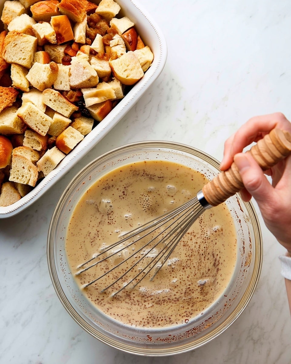 A close-up view shows a clear glass bowl filled with a light tan liquid speckled with small dark brown bits, being whisked by a woman's hand holding a whisk with a wooden handle; the liquid is frothy with bubbles on the surface. To the upper left, a white rectangular dish is filled with chunky pieces of light tan bread mixed with golden raisins. Both containers rest on a white marbled surface. photo taken with an iphone --ar 4:5 --v 7