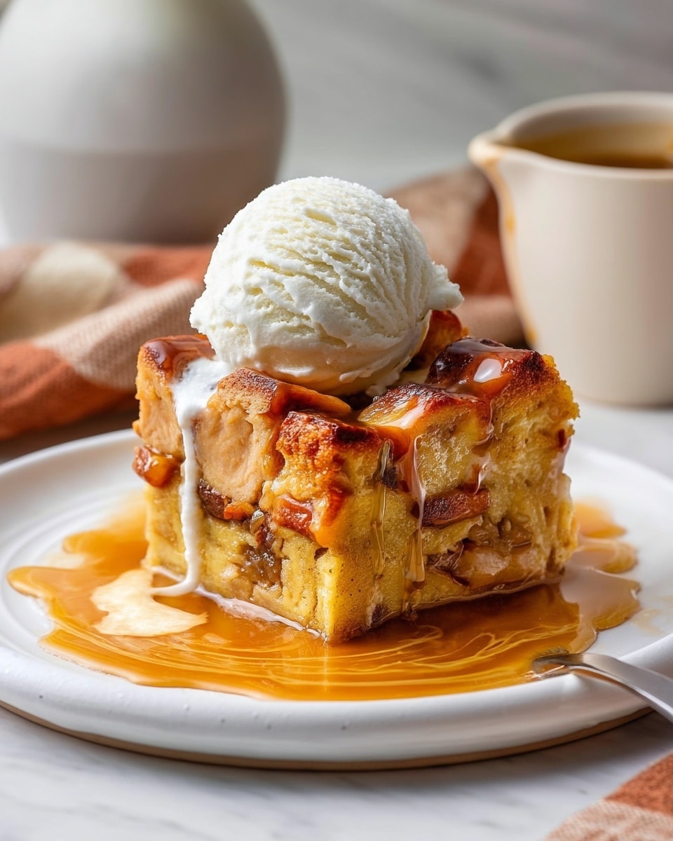 A square piece of bread pudding sits on a white plate, showing three layers: the bottom is a dense, moist golden layer with visible raisins, the middle has soft bread pieces with a caramel-like texture, and the top is a crispy, browned layer with some darker toasted edges. A scoop of vanilla ice cream, creamy white and slightly melting, rests on top, with some ice cream dripping down the sides. Around the pudding, there is a light amber sauce pooling on the plate. The plate is placed on a white marbled surface, with a brown and cream cloth nearby and blurred background elements including a white vase and a cream-colored cup. Photo taken with an iphone --ar 4:5 --v 7