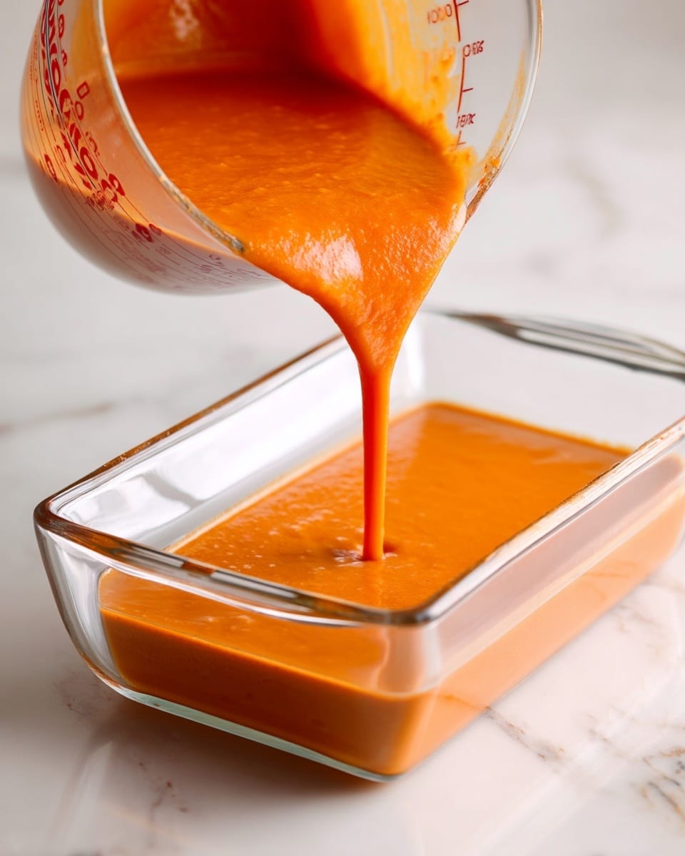 A clear glass measuring cup is tilted, pouring a smooth, thick orange sauce into a clear glass rectangular dish below. The sauce has a consistent texture and rich color, flowing steadily from the measuring cup’s spout. The background and surface have a white marbled texture, making the vibrant orange sauce stand out. Photo taken with an iphone --ar 4:5 --v 7