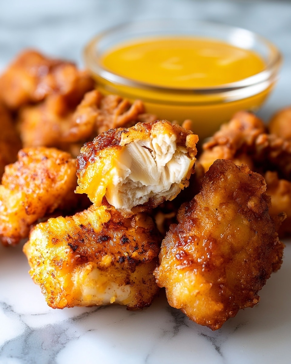 The image shows a close-up of several pieces of golden brown fried chicken nuggets with a crispy texture. One nugget is broken open to reveal the soft, white inside meat. In the background, there is a small clear glass bowl of yellow dipping sauce. The food is on a white marbled surface. photo taken with an iphone --ar 4:5 --v 7