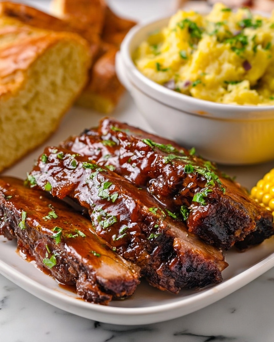 The image shows a white plate with a stack of four slices of dark brown, shiny meat covered in thick glaze and small green herb pieces layered on the center front. Behind the meat, there is a white bowl filled with chunky yellow mashed potatoes topped with bits of green herbs, positioned in the middle top. To the right of the bowl, a yellow corn cob sits on the white marbled surface. On the left edge of the plate, a piece of golden brown bread is slightly visible. Photo taken with an iphone --ar 4:5 --v 7