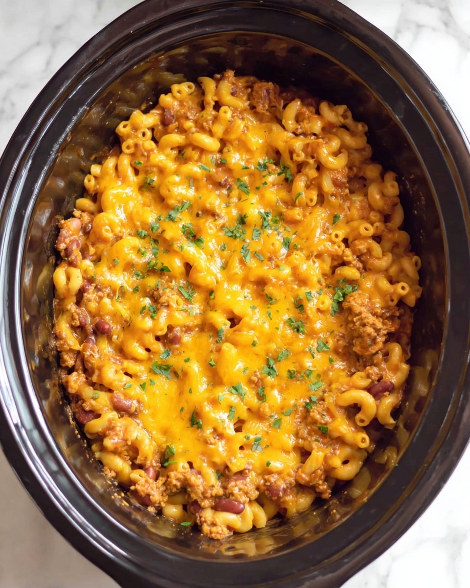 The image shows a black slow cooker filled with macaroni and cheese mixed with beans and ground meat. The top layer is covered with melted orange-yellow cheese, sprinkled with small green herb pieces for garnish. The cheese layer is smooth with some stringy cheese spots, and you can see bits of the pasta and beans through the cheese. The cooker sits on a white marbled surface. Photo taken with an iphone --ar 4:5 --v 7