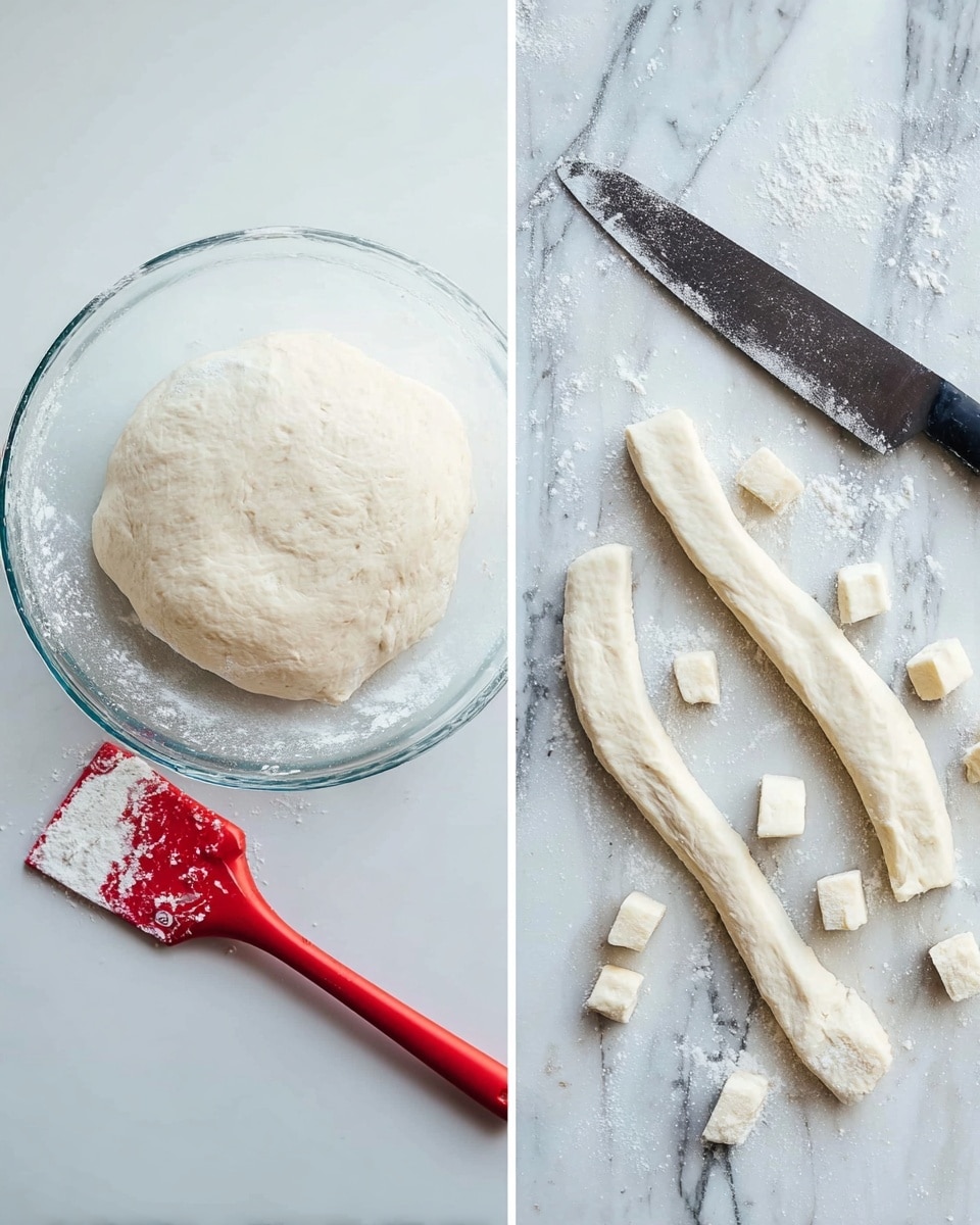 The image shows two parts: on the left, a glass bowl with soft, pale dough inside, slightly risen and smooth on top, with some flour dusted around the edges of the bowl; a red spatula with white dough on it rests near the bowl. On the right side, there is a white marbled surface with two long, pale dough strips lying parallel to each other, and several small dough cubes scattered nearby; a large black-handled knife is placed above the dough strips. The scene looks clean and simple, focused on the dough preparation photo taken with an iphone --ar 4:5 --v 7