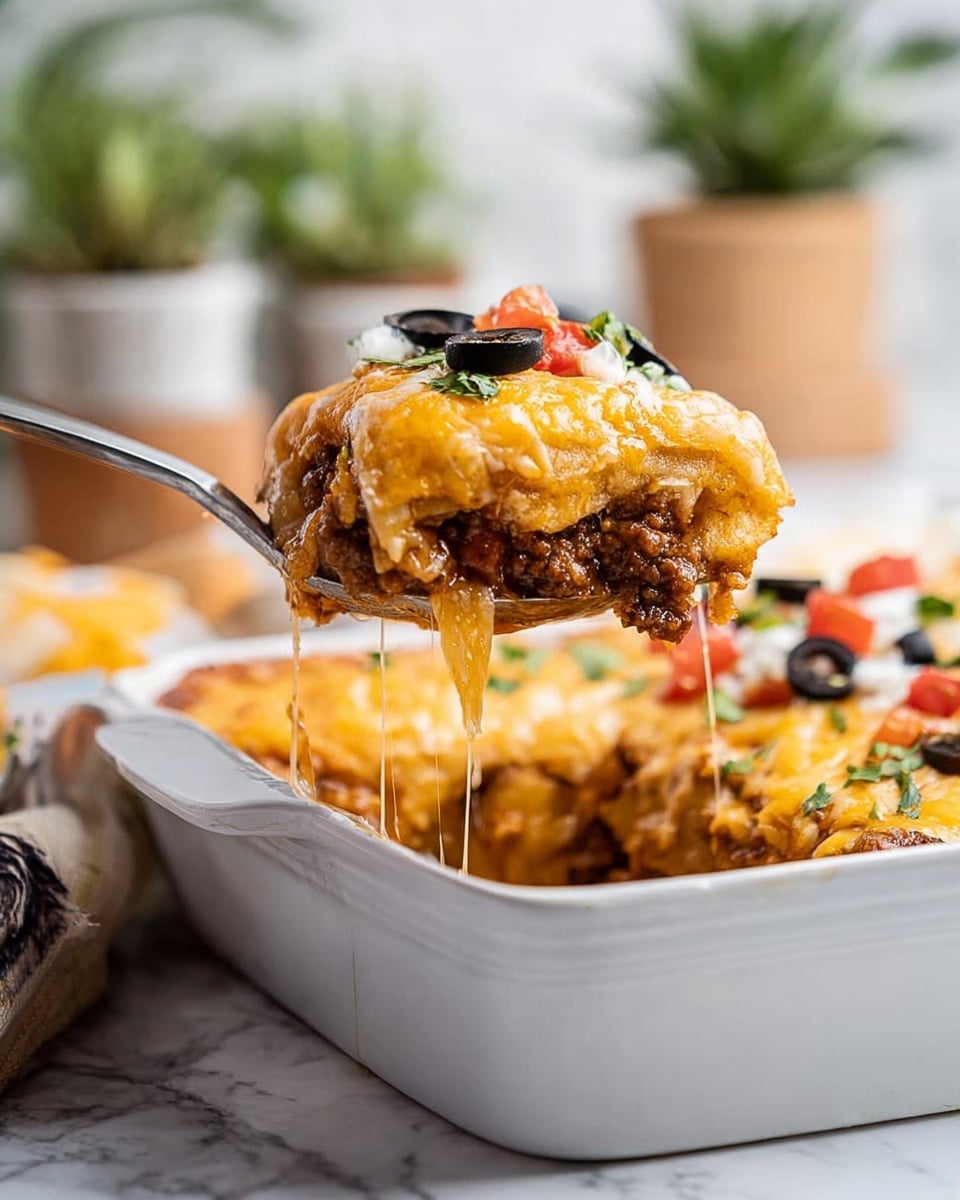 A white baking dish filled with a layered casserole is shown on a white marbled surface. The casserole has three main layers: the bottom layer is dark brown and looks like cooked ground meat mixed with sauce; the middle layer is light yellow with melted cheese stretching as a spoon lifts a large scoop; the top layer is golden brown with melted cheese, small bits of red tomatoes, and a black olive ring. The spoon, held by a woman's hand, lifts a chunky portion with some sauce dripping down. In the background, blurred pots with green plants add a fresh touch. Photo taken with an iphone --ar 4:5 --v 7