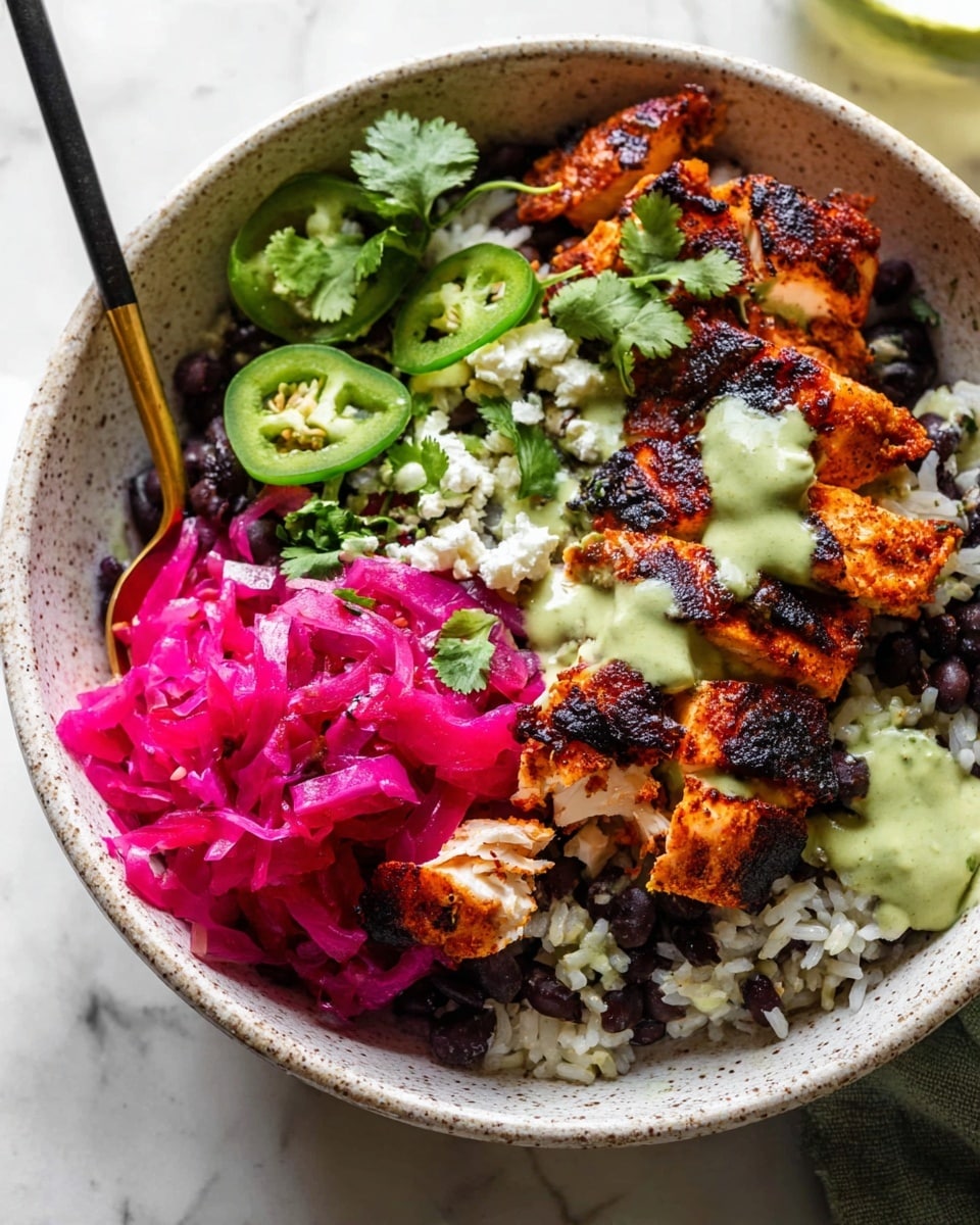 The dish is served in a white speckled bowl placed on a white marbled surface. The bottom layer is white rice mixed with black beans, creating a mix of white and dark purple colors. On top of this base, there are several pieces of grilled orange-brown fish with char marks, drizzled with a light green sauce. On one side of the bowl, there is a bright pink layer of pickled cabbage topped with slices of green jalapeño peppers and small white crumbles of cheese. Fresh green cilantro leaves are scattered across the top. A gold and black spoon is placed inside the bowl, slightly scooping some food. The photo taken with an iphone --ar 4:5 --v 7