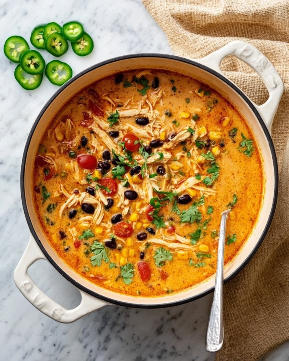 A large white pot filled with an orange creamy soup showing layers of shredded light brown chicken, black beans, yellow corn, and diced red tomatoes, sprinkled with chopped green cilantro on top. A silver spoon rests inside the pot on the right side. The pot is placed on a white marbled surface with a beige cloth and green sliced jalapeños nearby. photo taken with an iphone --ar 4:5 --v 7
